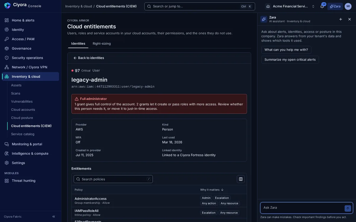 A cloud identity in Ciyora Armor: a legacy AWS administrator user with a critical privilege score, a warning that it has full control of the account and can pass roles, MFA off, and the policies that grant it.