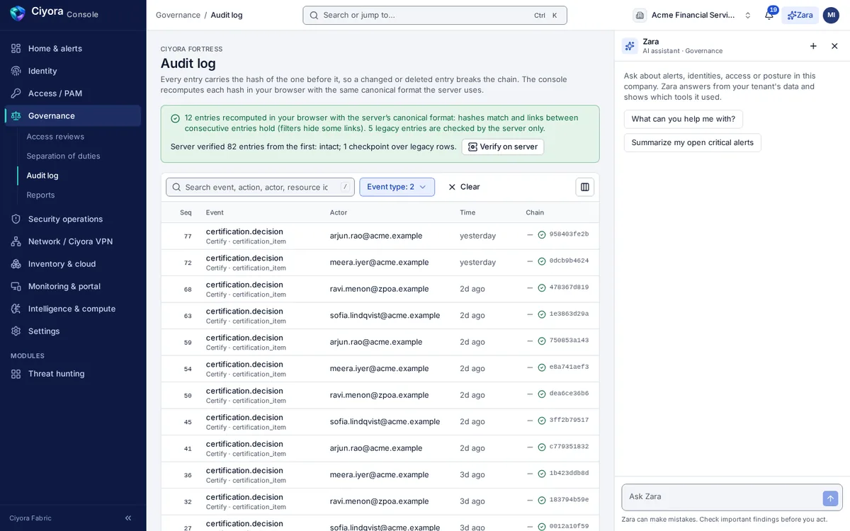 The hash-chained audit log in Ciyora Console with a verification result showing the browser and server agree on every entry.
