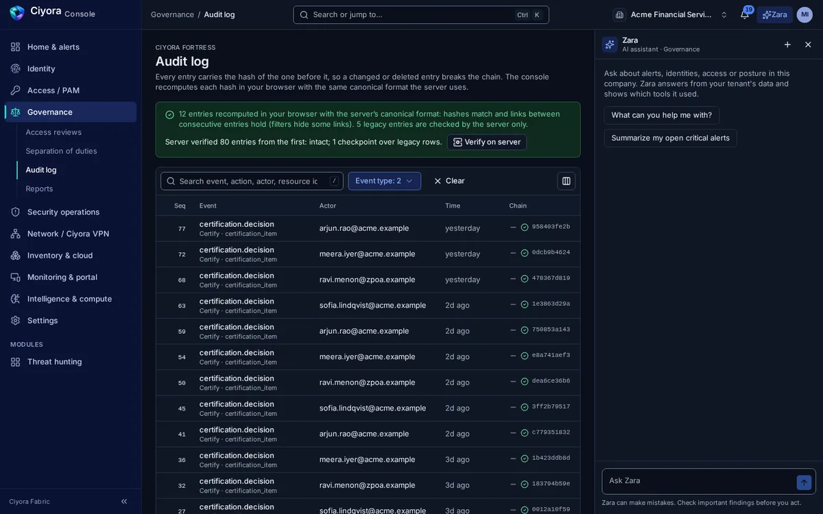 The hash-chained audit log in Ciyora Console with a verification result showing the browser and server agree on every entry.