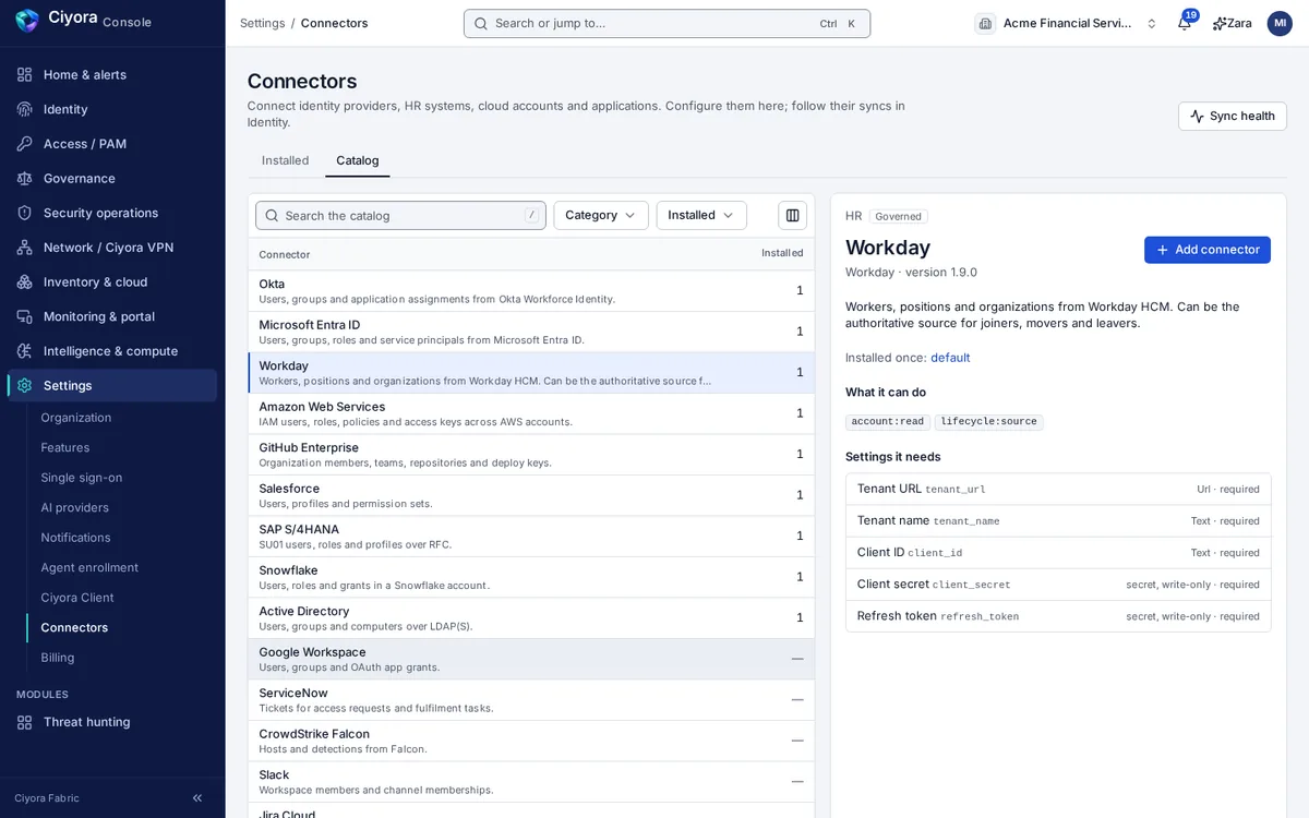 The connector catalogue in Ciyora Console settings, with Workday selected: what the connector can do and the settings it needs, with client secret and refresh token marked write-only.