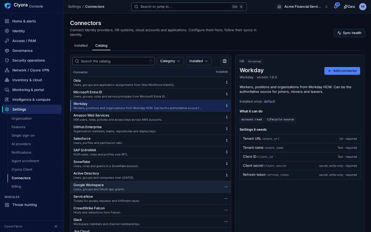 The connector catalogue in Ciyora Console settings, with Workday selected: what the connector can do and the settings it needs, with client secret and refresh token marked write-only.