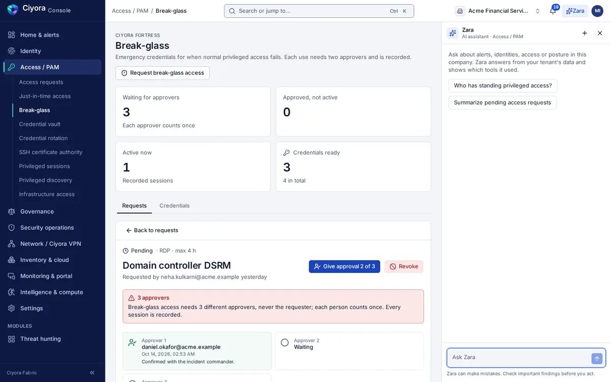 A break-glass request for a domain controller that needs three different approvers, showing approver one recorded with a comment and approver two waiting.