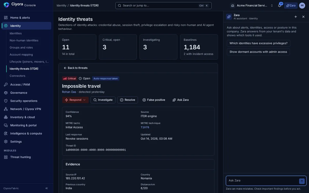 An identity threat detection for impossible travel, mapped to MITRE technique T1078, with evidence of a sign-in from a new country and response options.
