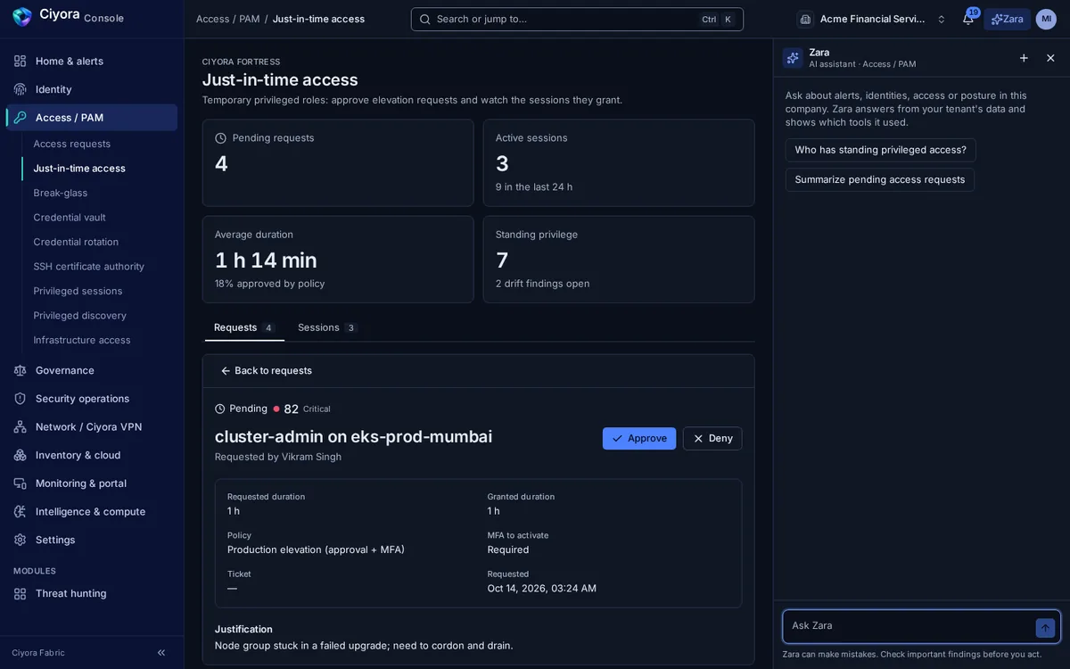 A pending just-in-time request for cluster-admin on a production Kubernetes cluster: one hour requested, policy requiring approval and MFA, and the requester’s justification.