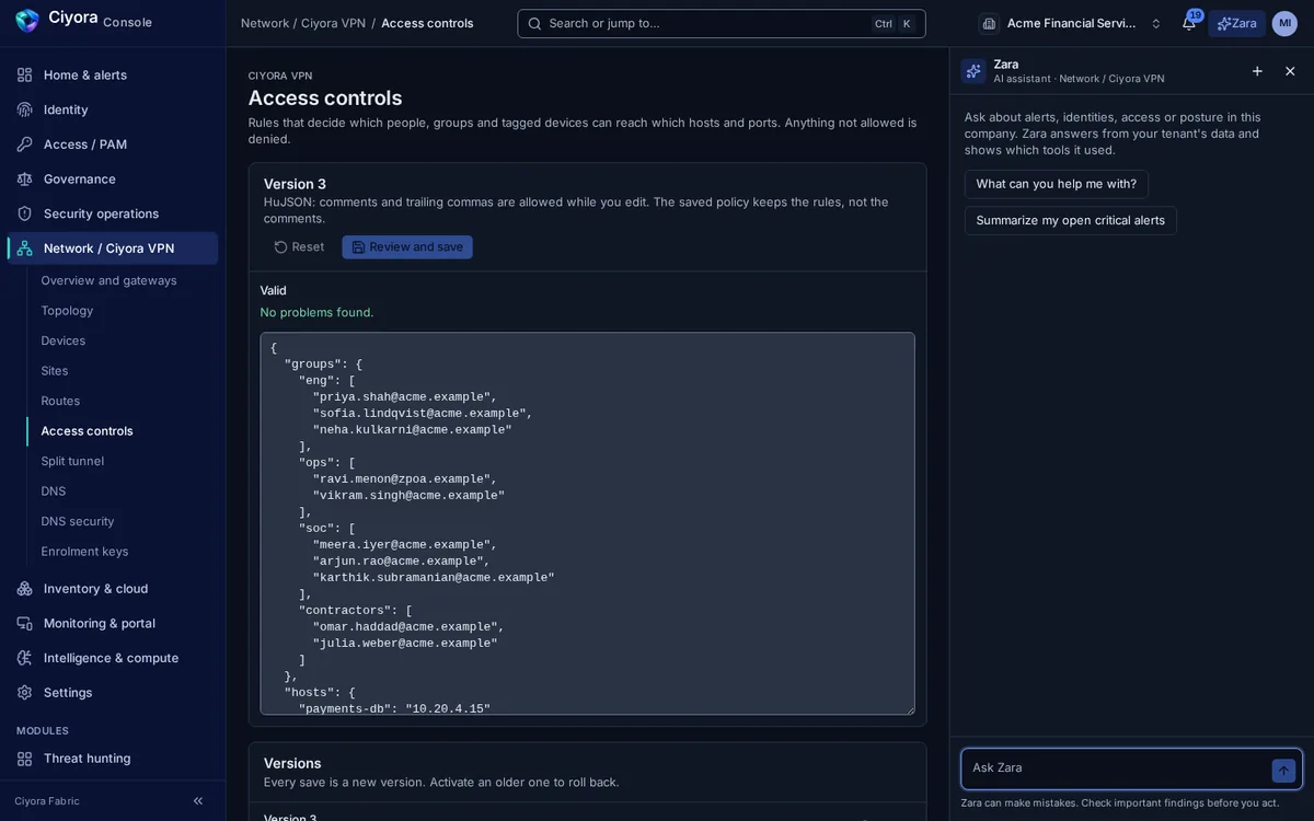 The Ciyora VPN access control editor showing a valid policy with groups for engineering, operations, SOC and contractors, and a list of saved versions.